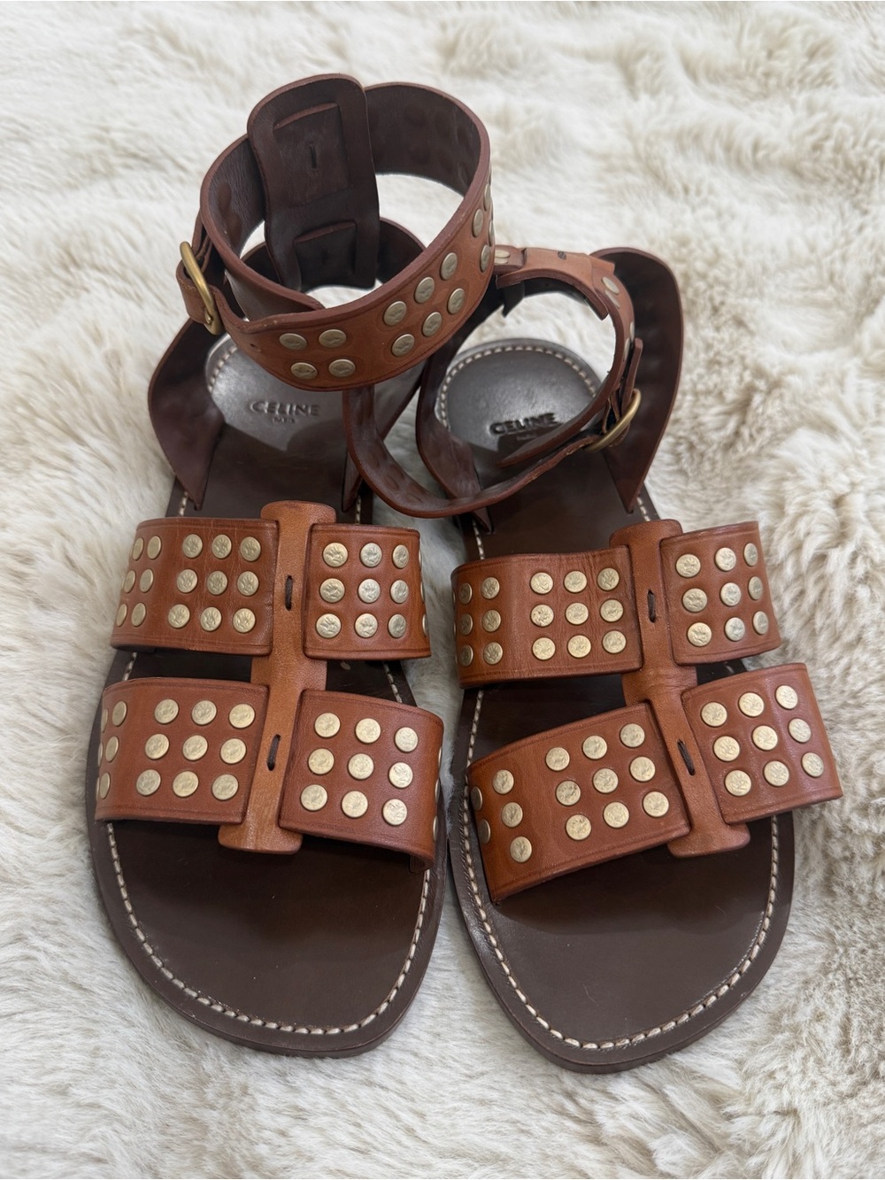 CELINE Studded Calfskin Leather Gladiator Sandals Brown Gold 40 / US 10
